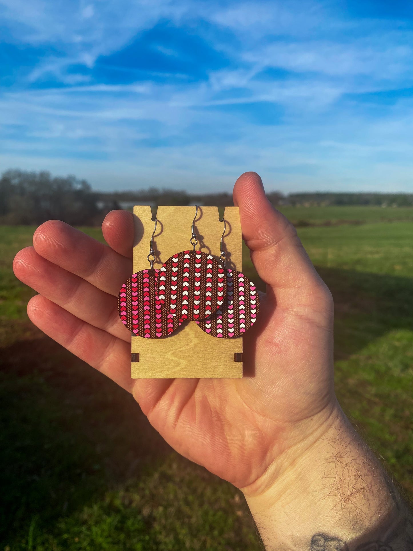 Hand Painted Valentine's Hearts Round Earrings - Handmade Cherry Wood Earrings w/ 3 Heart Pattern Options | Girlfriend Valentine's Day Gift
