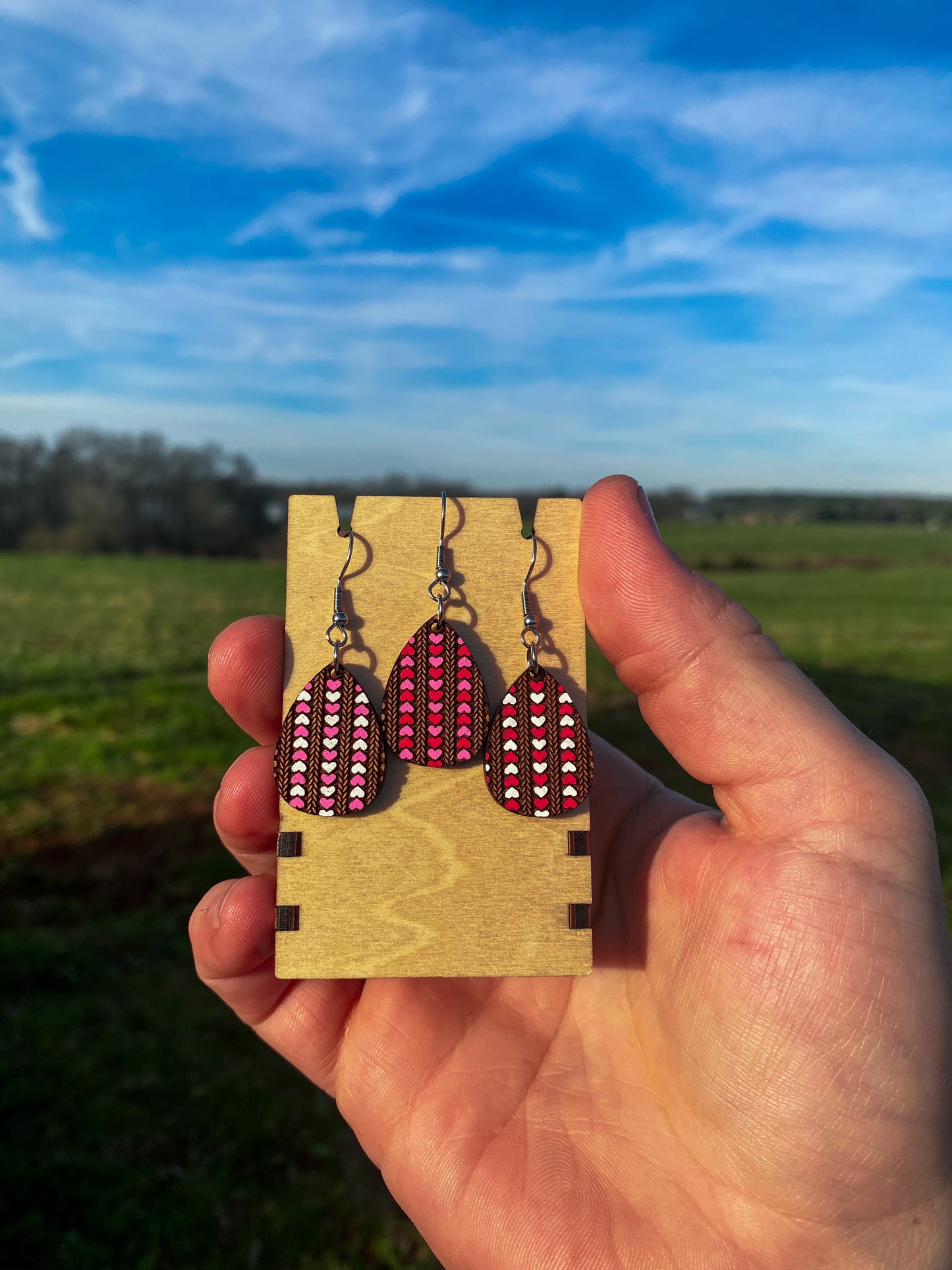 Festive Valentine's Hearts Teardrop Earrings - Handmade Engraved Cherry Wood Earrings w/ 3 Heart Pattern Options | Gift Ideas for Girlfriend