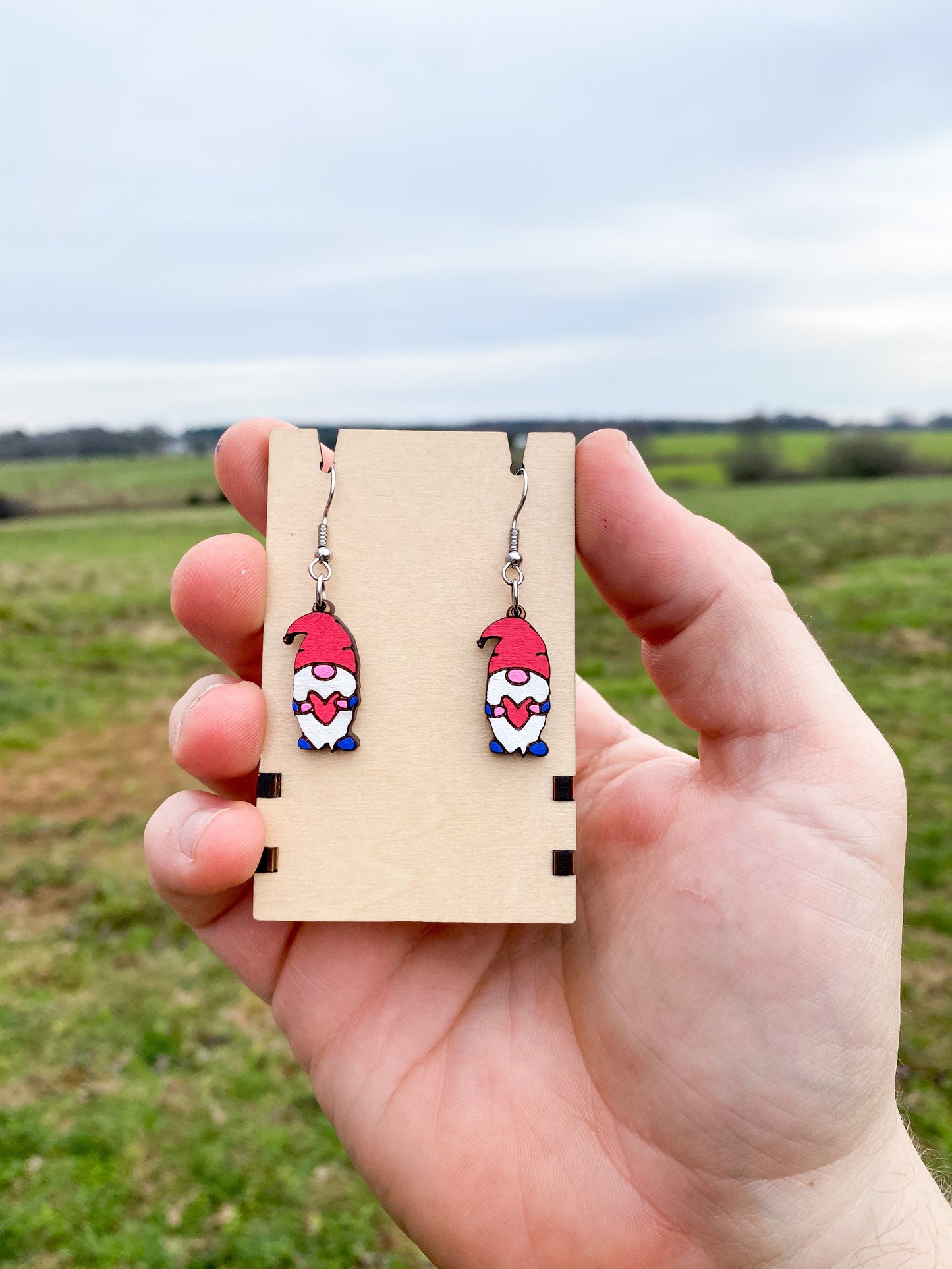 Engraved Valentine's Day Gnome Dangle Earrings - Adorable Hand-Painted Gnome on Cherry Wood Based Earrings | Festive Gift Idea for Loved One