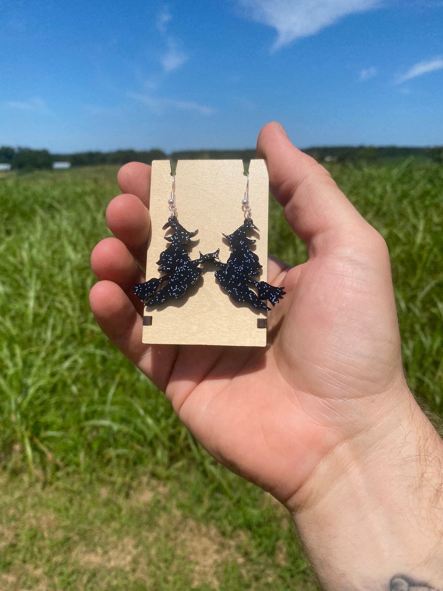 Spooky Witch on a Broomstick Dangle Earrings - Handmade Premium Acrylic Halloween Statement Earrings | Halloween Accessories for Dressing Up