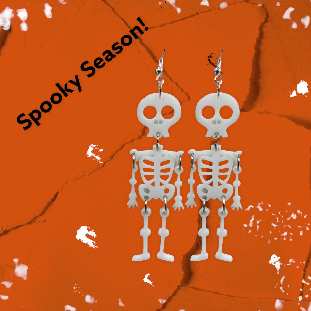 Acrylic Skeleton Dangle Earrings - Handmade Premium White Acrylic Halloween Statement Earrings | Jewelry Gift Ideas for Fall & Halloween
