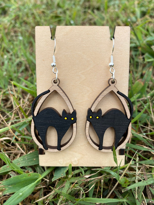 Wooden Black Cat Earrings - Handmade Halloween Dangle Earrings in Various Materials & Colors | Fall Jewelry Gift Ideas for Cat Lovers