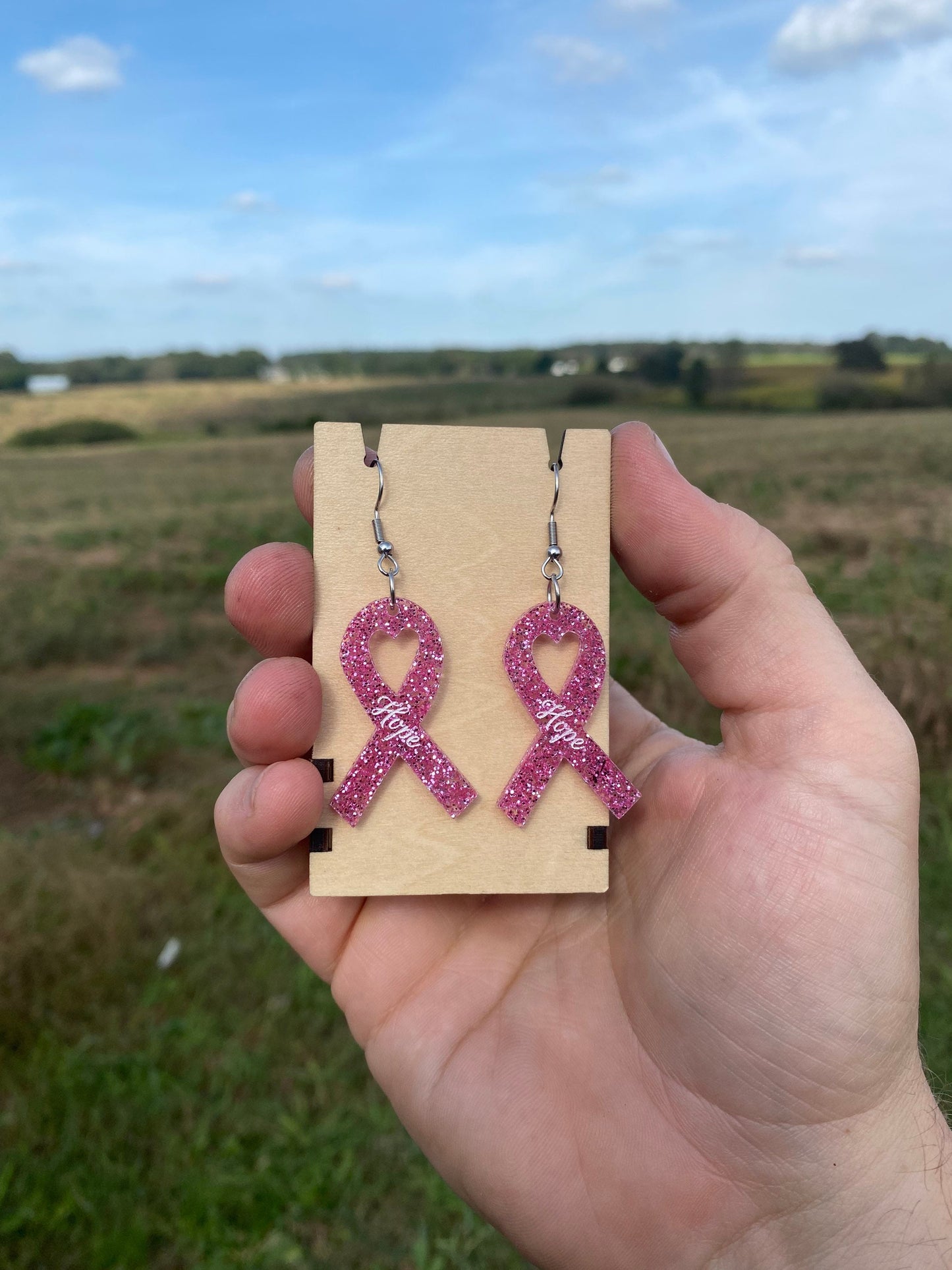 Breast Cancer Pink Ribbon Dangle Earrings - Custom Premium Pink Glittery Acrylic Breast Cancer Awareness Earrings | Gift for Loving Women