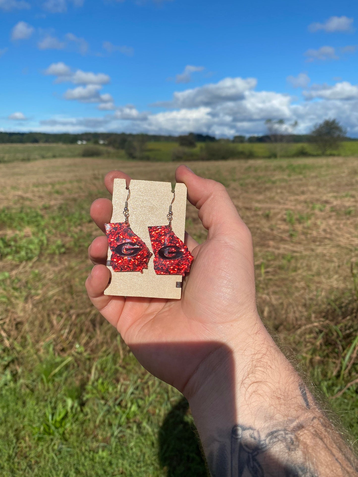 State of Georgia Sparkly Dangle Earrings - Premium Hypoallergenic Acrylic Black Red Sparkle Earrings | Gift for UGA Fans & Georgia Lovers