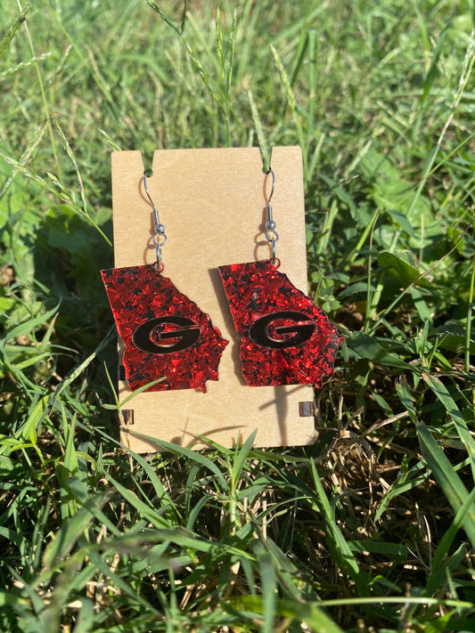 State of Georgia Sparkly Dangle Earrings - Premium Hypoallergenic Acrylic Black Red Sparkle Earrings | Gift for UGA Fans & Georgia Lovers