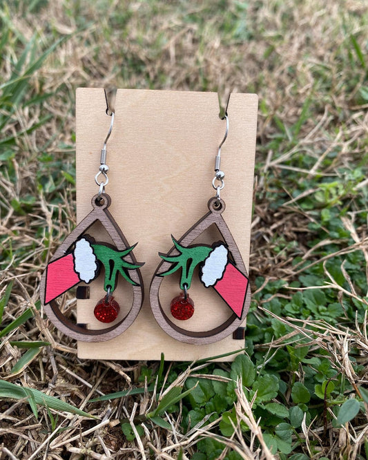 Grinch Teardrop Dangle Earrings - Handmade Wooden Earrings in Various Wood Type & Ornament Colors | Christmas Gift For Accessories Lover
