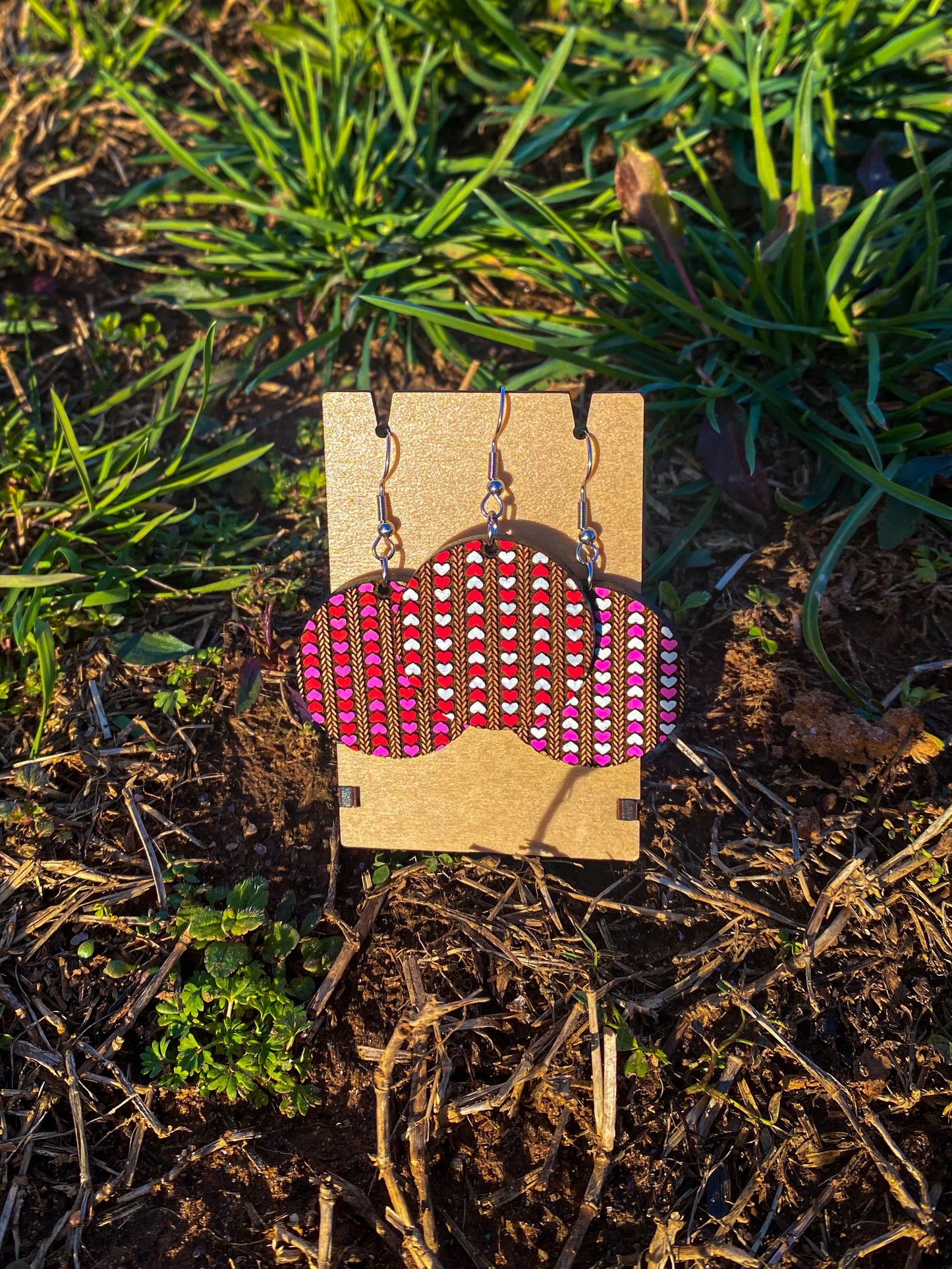 Hand Painted Valentine's Hearts Round Earrings - Handmade Cherry Wood Earrings w/ 3 Heart Pattern Options | Girlfriend Valentine's Day Gift