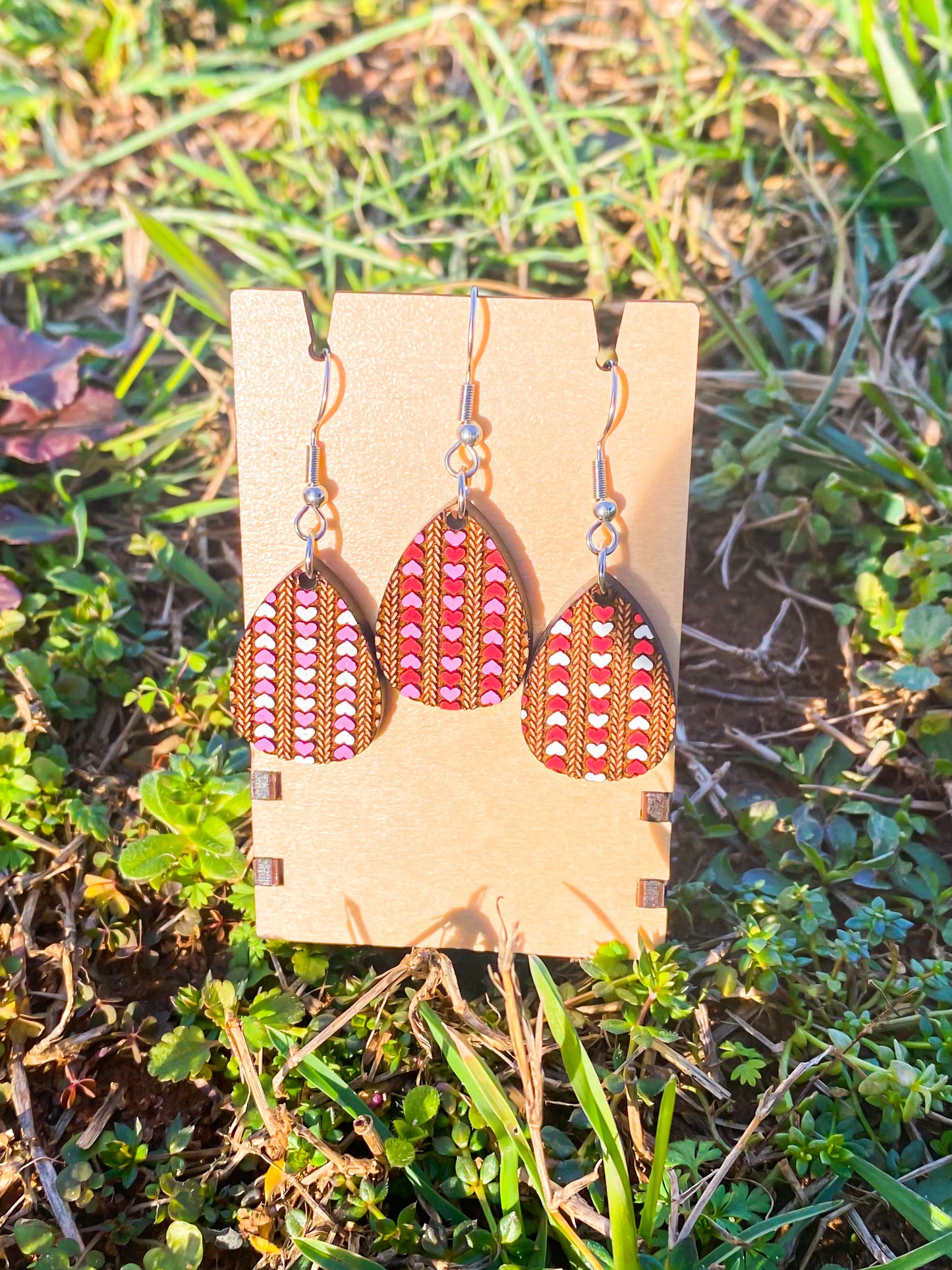 Festive Valentine's Hearts Teardrop Earrings - Handmade Engraved Cherry Wood Earrings w/ 3 Heart Pattern Options | Gift Ideas for Girlfriend