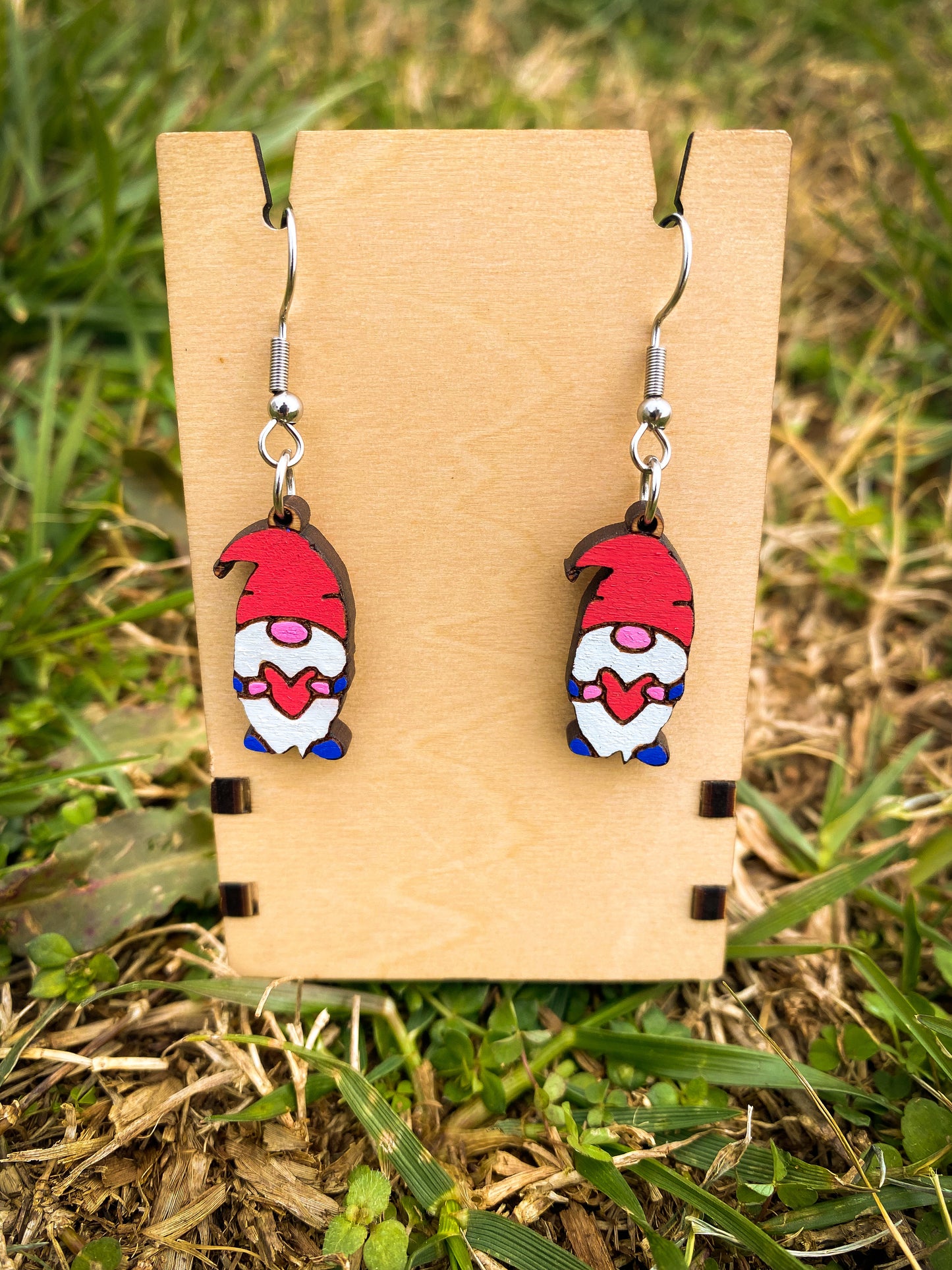 Engraved Valentine's Day Gnome Dangle Earrings - Adorable Hand-Painted Gnome on Cherry Wood Based Earrings | Festive Gift Idea for Loved One
