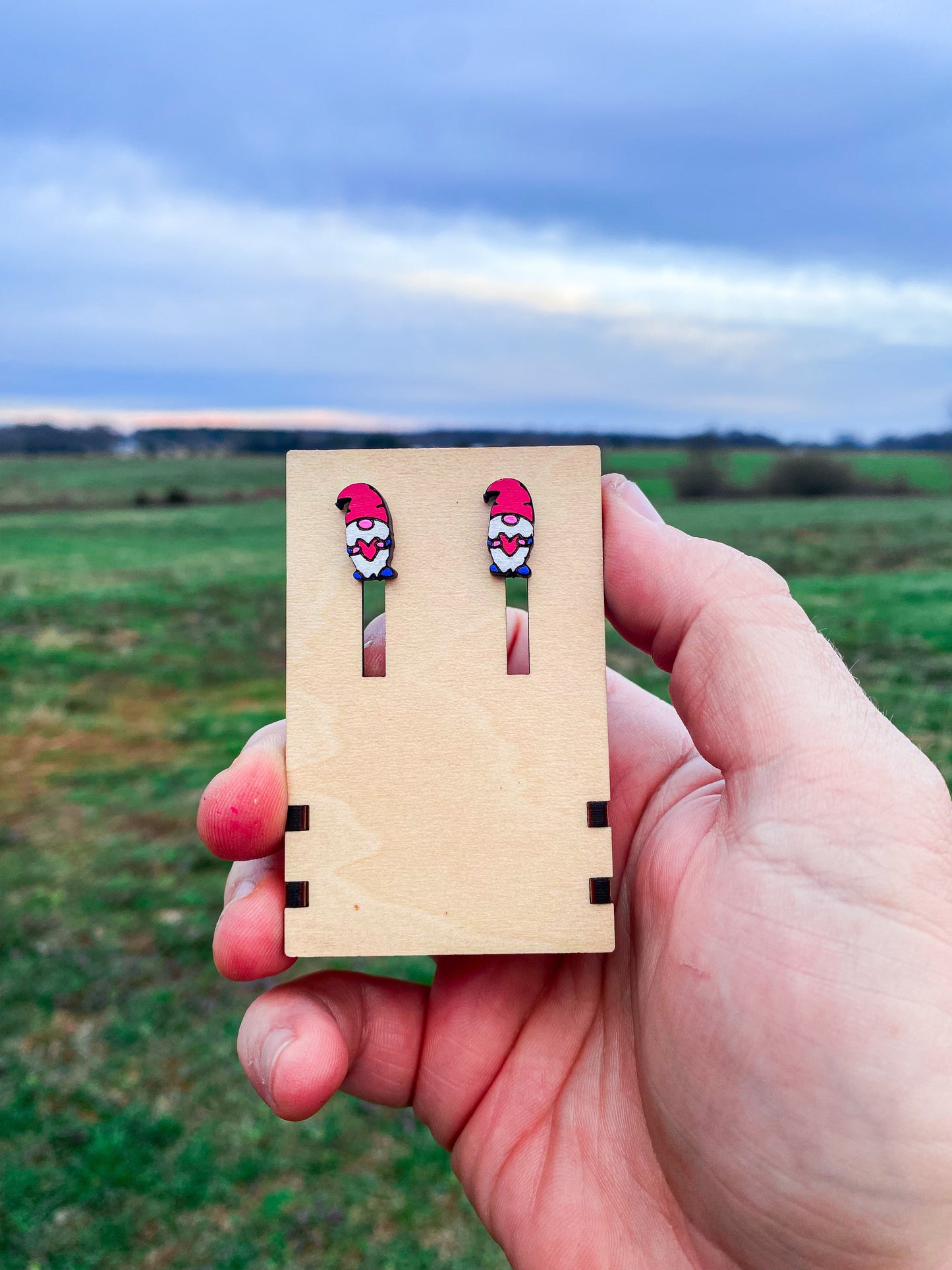 Engraved Valentine's Day Gnome Studded Earrings - Festive 304 Stainless Findings Gnome Earrings w/ Cherry Wood Base | Gift for Loved Ones