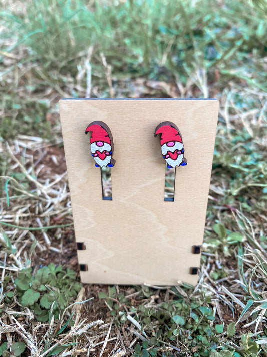 Engraved Valentine's Day Gnome Studded Earrings - Festive 304 Stainless Findings Gnome Earrings w/ Cherry Wood Base | Gift for Loved Ones