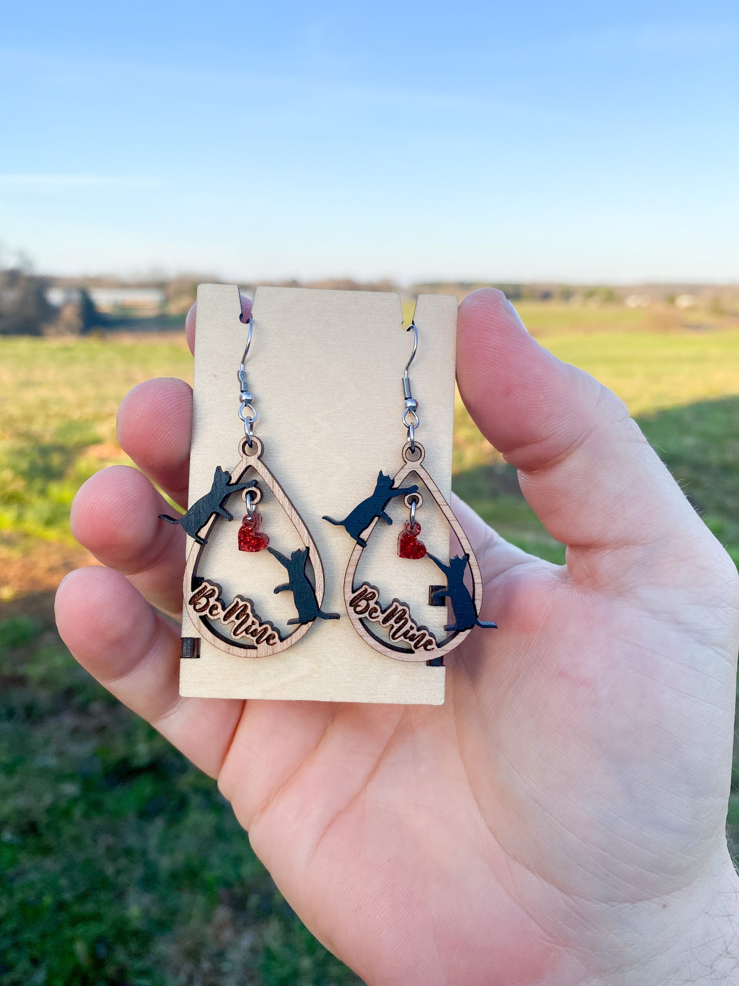 Wooden Black Cat Earrings - Handmade Valentine Dangle Earrings in Various Materials & Colors | Valentine Jewelry Gift Ideas for Cat Lovers