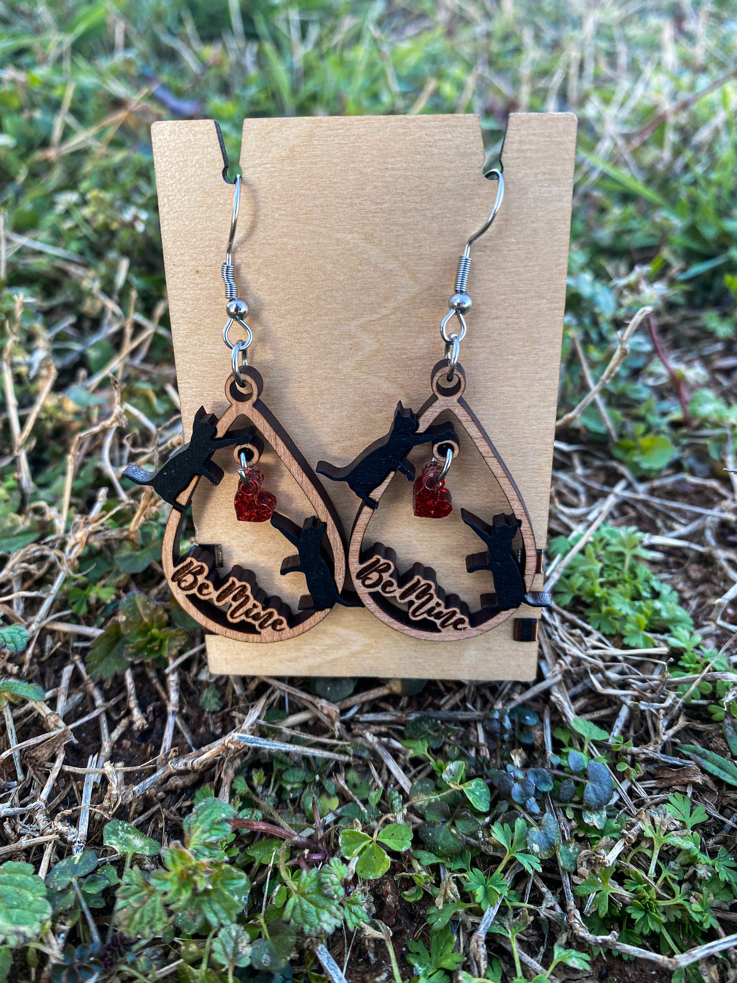 Wooden Black Cat Earrings - Handmade Valentine Dangle Earrings in Various Materials & Colors | Valentine Jewelry Gift Ideas for Cat Lovers