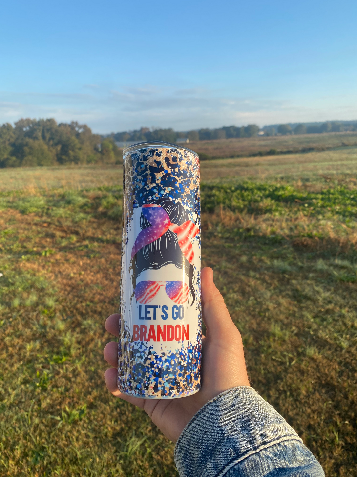 Let's Go Brandon Messy Bun USA 20 oz Skinny Tumbler