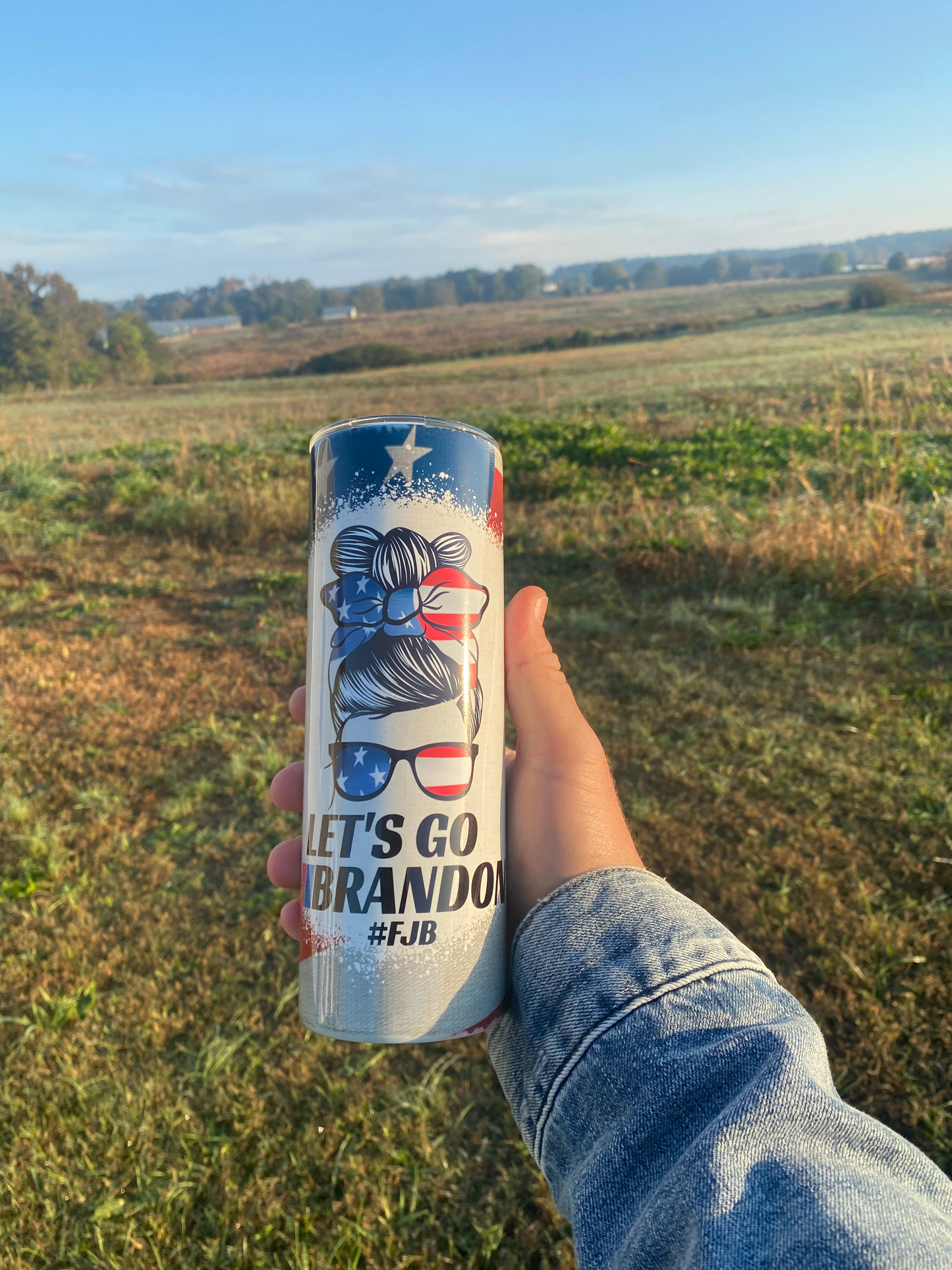 Let's Go Brandon Messy Bun USA 20 oz Skinny Tumbler