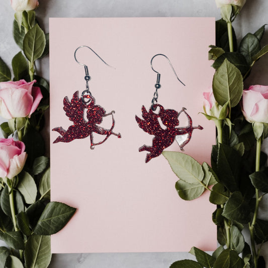 Red Cupid Valentine’s Day Dangle Earrings - Handmade Acrylic Earrings w/ 304 Stainless Steel | Cute Aesthetic Angel Jewelry Gift for Her