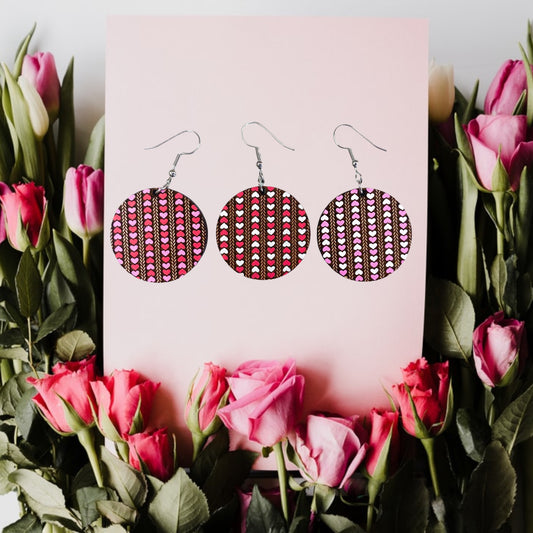 Hand Painted Valentine's Hearts Round Earrings - Handmade Cherry Wood Earrings w/ 3 Heart Pattern Options | Girlfriend Valentine's Day Gift