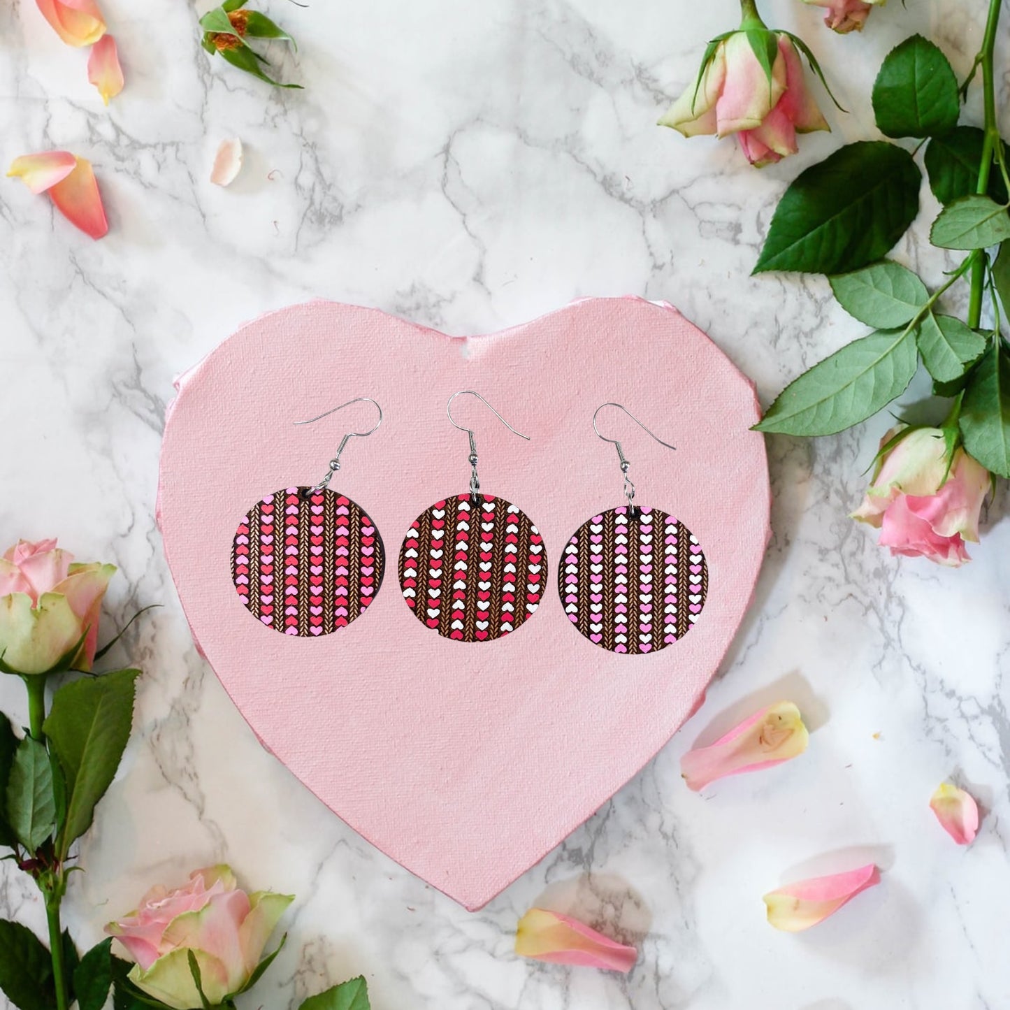 Hand Painted Valentine's Hearts Round Earrings - Handmade Cherry Wood Earrings w/ 3 Heart Pattern Options | Girlfriend Valentine's Day Gift