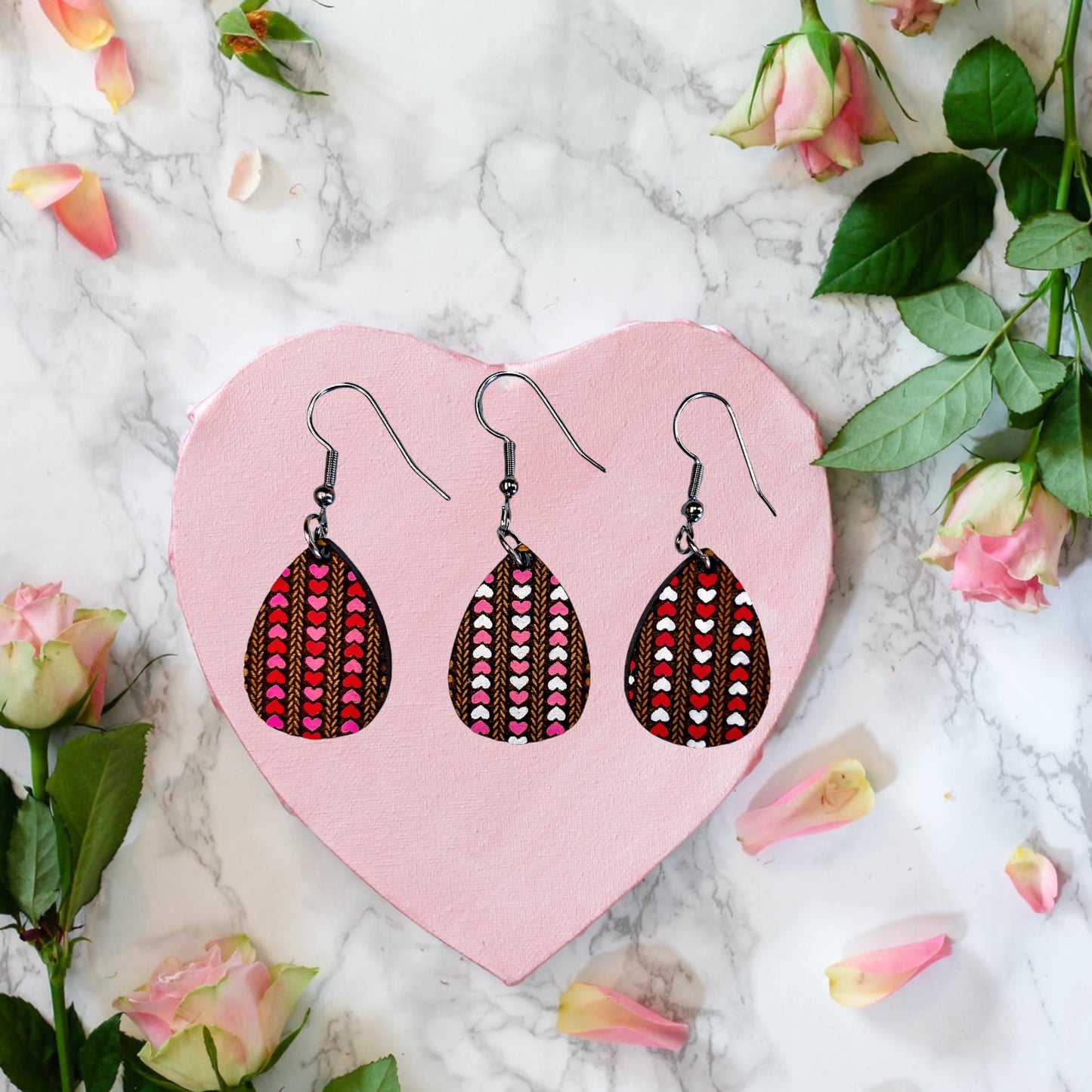Festive Valentine's Hearts Teardrop Earrings - Handmade Engraved Cherry Wood Earrings w/ 3 Heart Pattern Options | Gift Ideas for Girlfriend