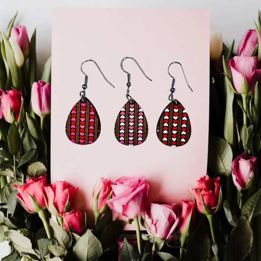 Festive Valentine's Hearts Teardrop Earrings - Handmade Engraved Cherry Wood Earrings w/ 3 Heart Pattern Options | Gift Ideas for Girlfriend