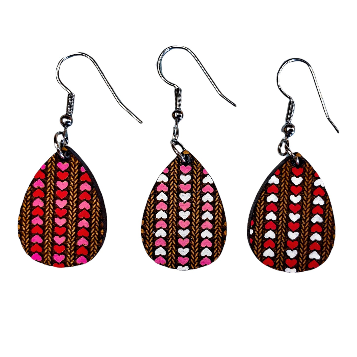 Festive Valentine's Hearts Teardrop Earrings - Handmade Engraved Cherry Wood Earrings w/ 3 Heart Pattern Options | Gift Ideas for Girlfriend