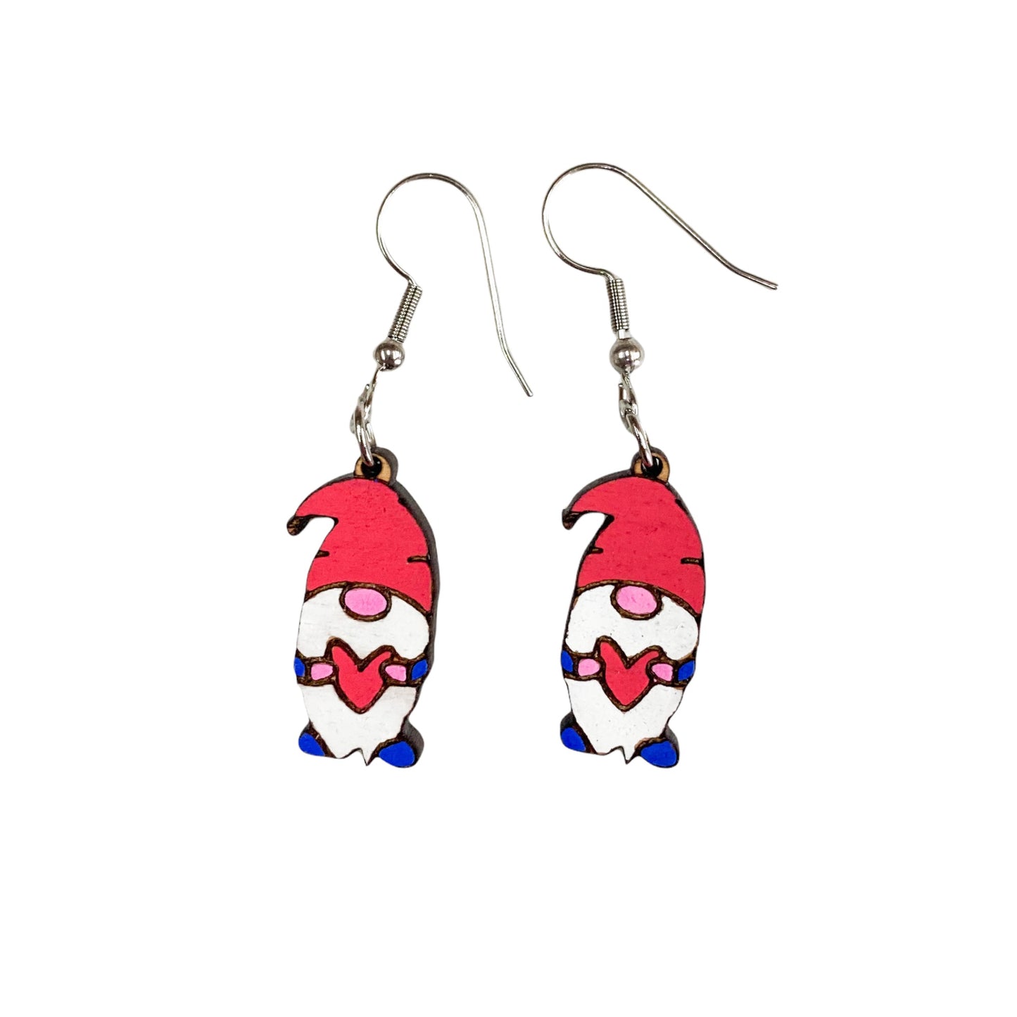 Engraved Valentine's Day Gnome Dangle Earrings - Adorable Hand-Painted Gnome on Cherry Wood Based Earrings | Festive Gift Idea for Loved One