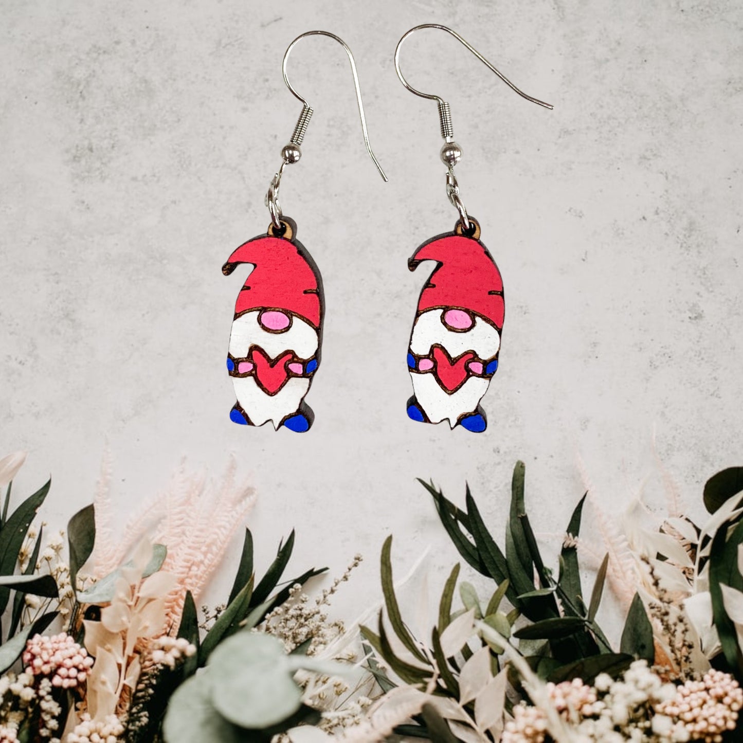 Engraved Valentine's Day Gnome Dangle Earrings - Adorable Hand-Painted Gnome on Cherry Wood Based Earrings | Festive Gift Idea for Loved One