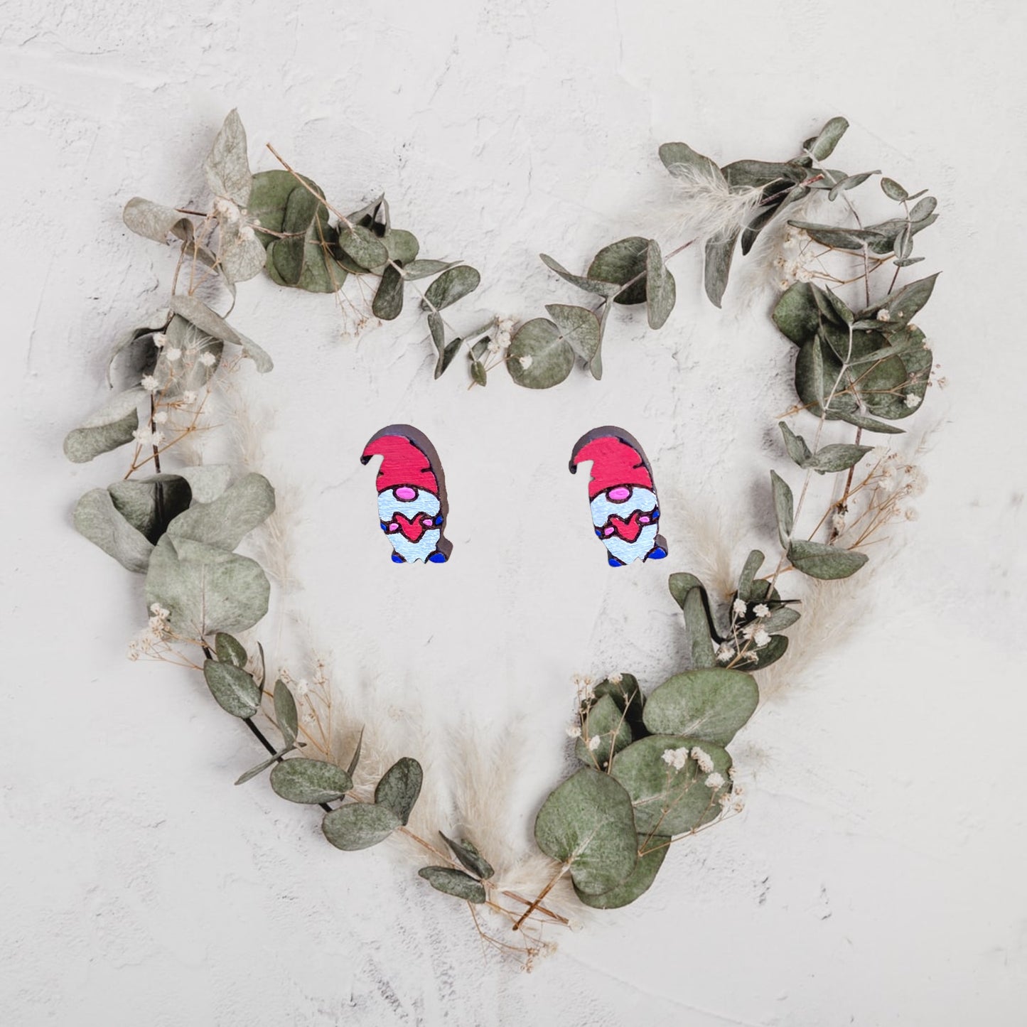 Engraved Valentine's Day Gnome Studded Earrings - Festive 304 Stainless Findings Gnome Earrings w/ Cherry Wood Base | Gift for Loved Ones