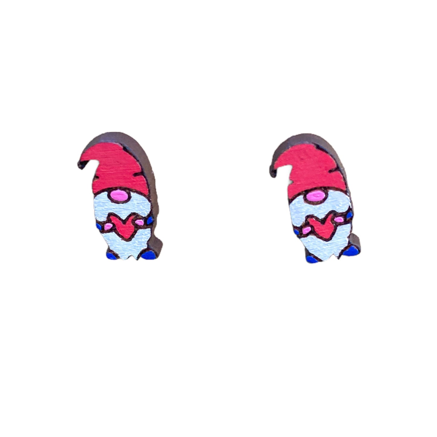 Engraved Valentine's Day Gnome Studded Earrings - Festive 304 Stainless Findings Gnome Earrings w/ Cherry Wood Base | Gift for Loved Ones
