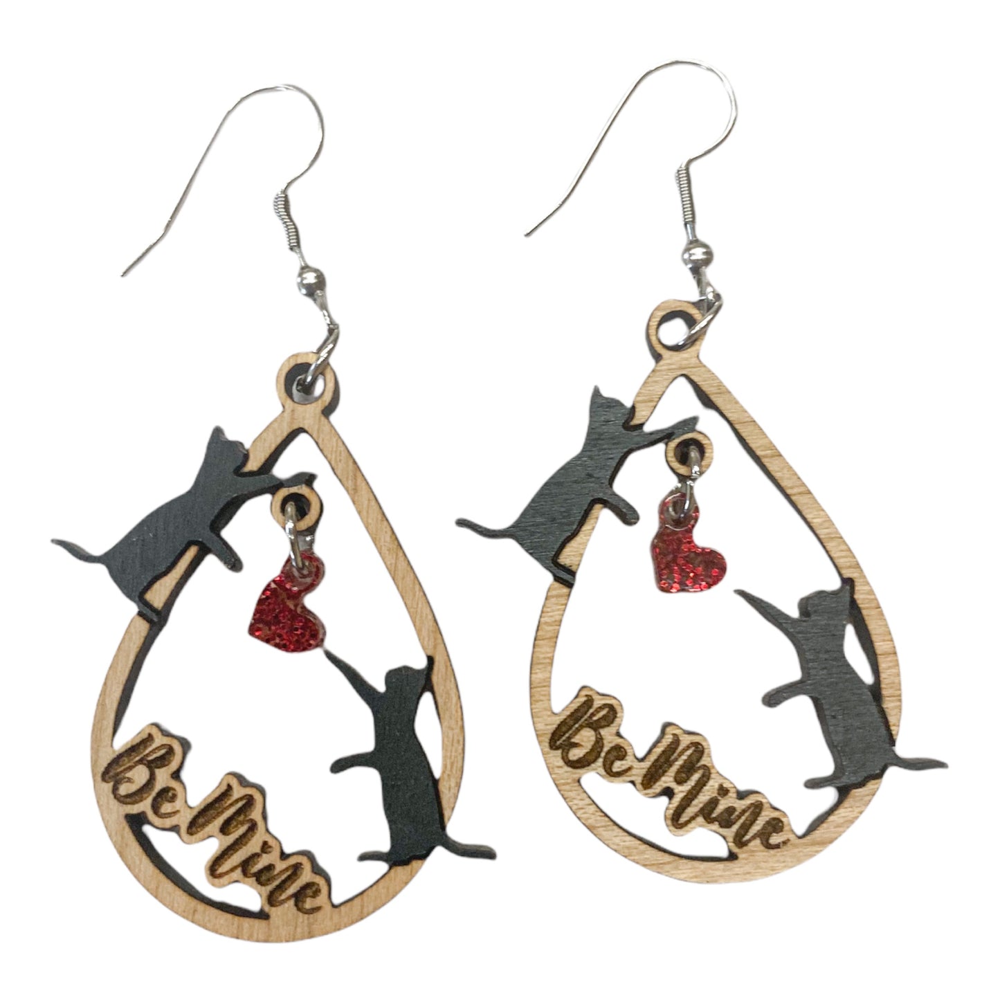 Wooden Black Cat Earrings - Handmade Valentine Dangle Earrings in Various Materials & Colors | Valentine Jewelry Gift Ideas for Cat Lovers