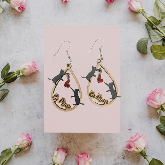 Wooden Black Cat Earrings - Handmade Valentine Dangle Earrings in Various Materials & Colors | Valentine Jewelry Gift Ideas for Cat Lovers