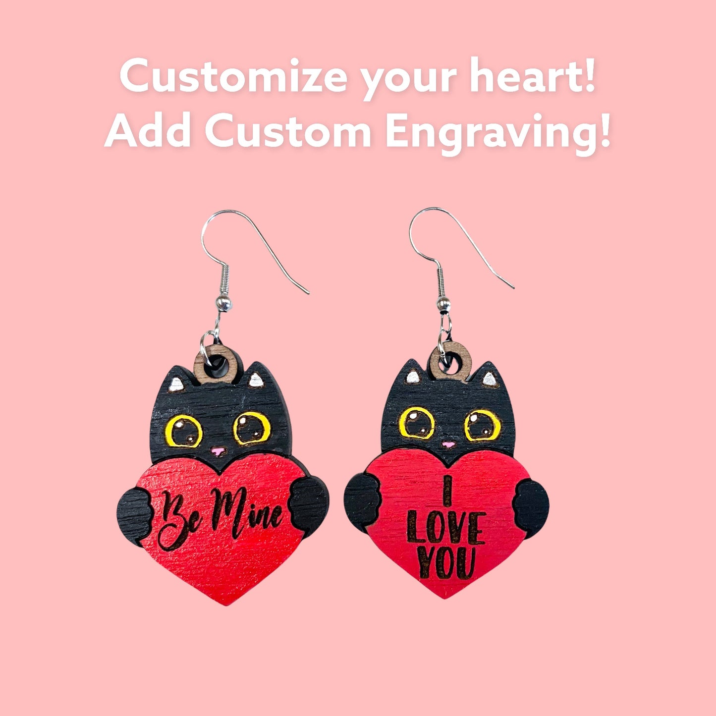 Wooden Black Kitten Earrings| Custom Valentine Gift | Custom Earrings | Cat Earrings | Cat Dangle Earrings | Gift for Cat Lover