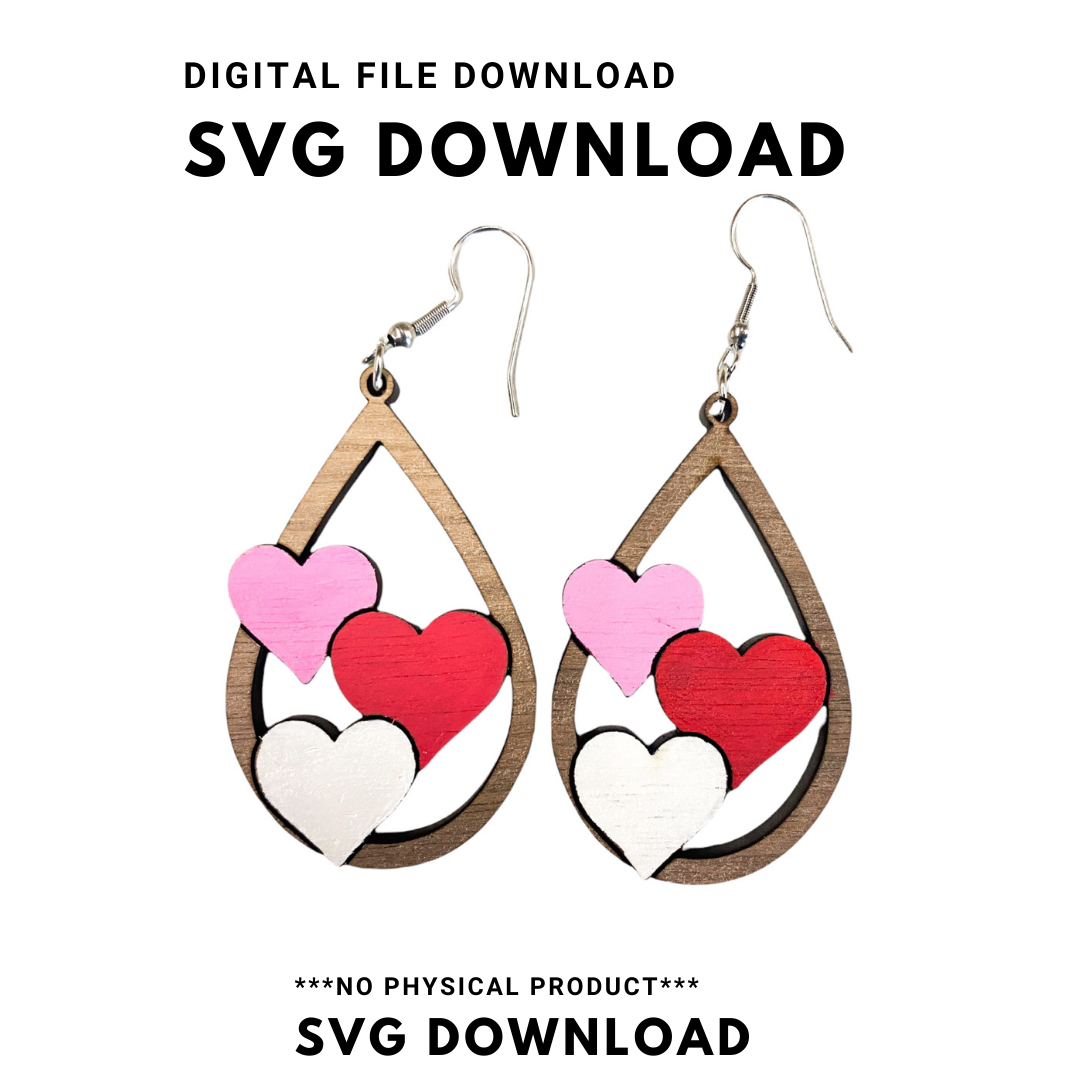 Valentine's Day 3 Hearts Dangle Earring SVG Cut file