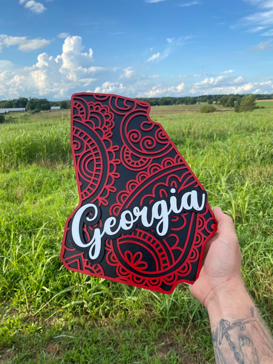State of Georgia Sign w/ Paisley Design - Laser Engraved Mandala Wall Decor w/ UGA & Falcon Colors | Georgia Souvenir Ornament Gift Ideas