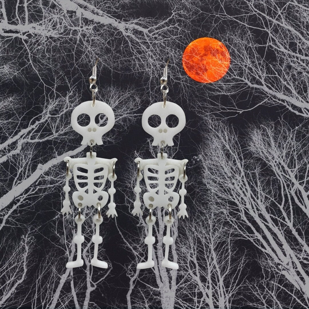 Acrylic Skeleton Dangle Earrings - Handmade Premium White Acrylic Halloween Statement Earrings | Jewelry Gift Ideas for Fall & Halloween