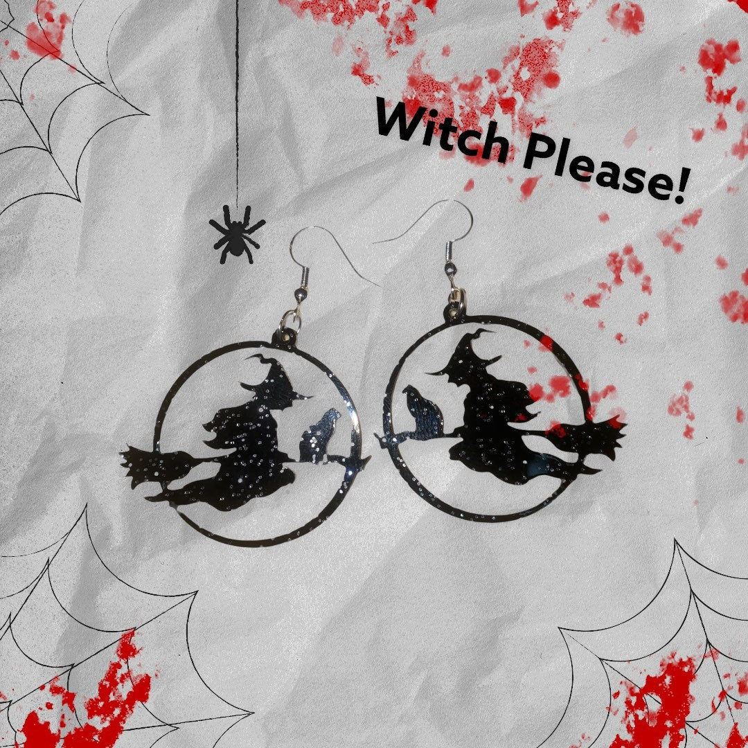 Spooky Witch on a Broomstick Dangle Earrings - Handmade Premium Acrylic Halloween Statement Earrings | Halloween Accessories for Dressing Up