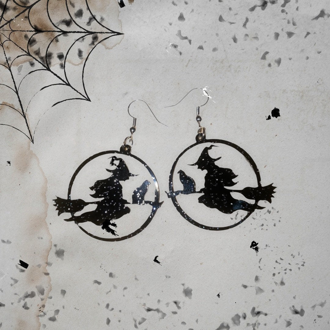Spooky Witch on a Broomstick Dangle Earrings - Handmade Premium Acrylic Halloween Statement Earrings | Halloween Accessories for Dressing Up