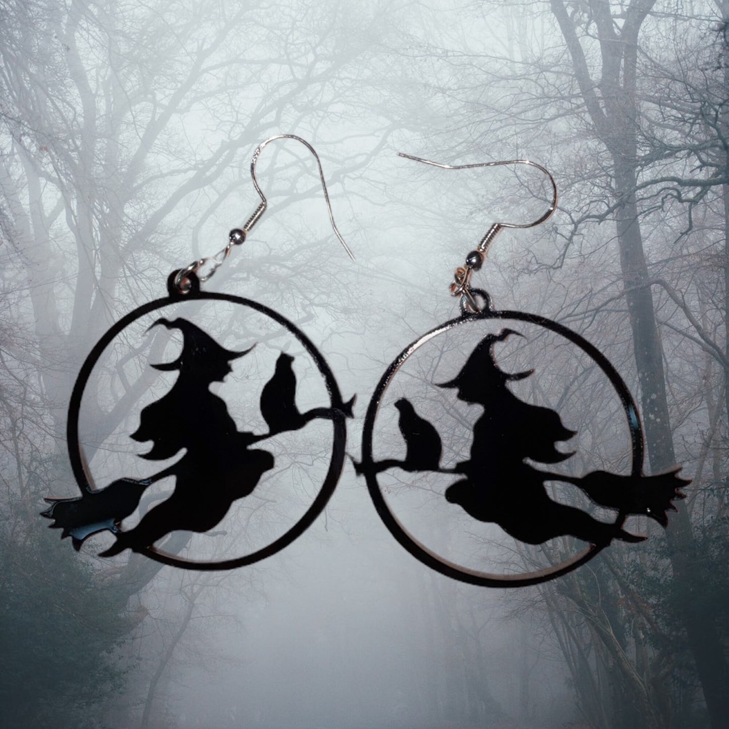 Spooky Witch on a Broomstick Dangle Earrings - Handmade Premium Acrylic Halloween Statement Earrings | Halloween Accessories for Dressing Up