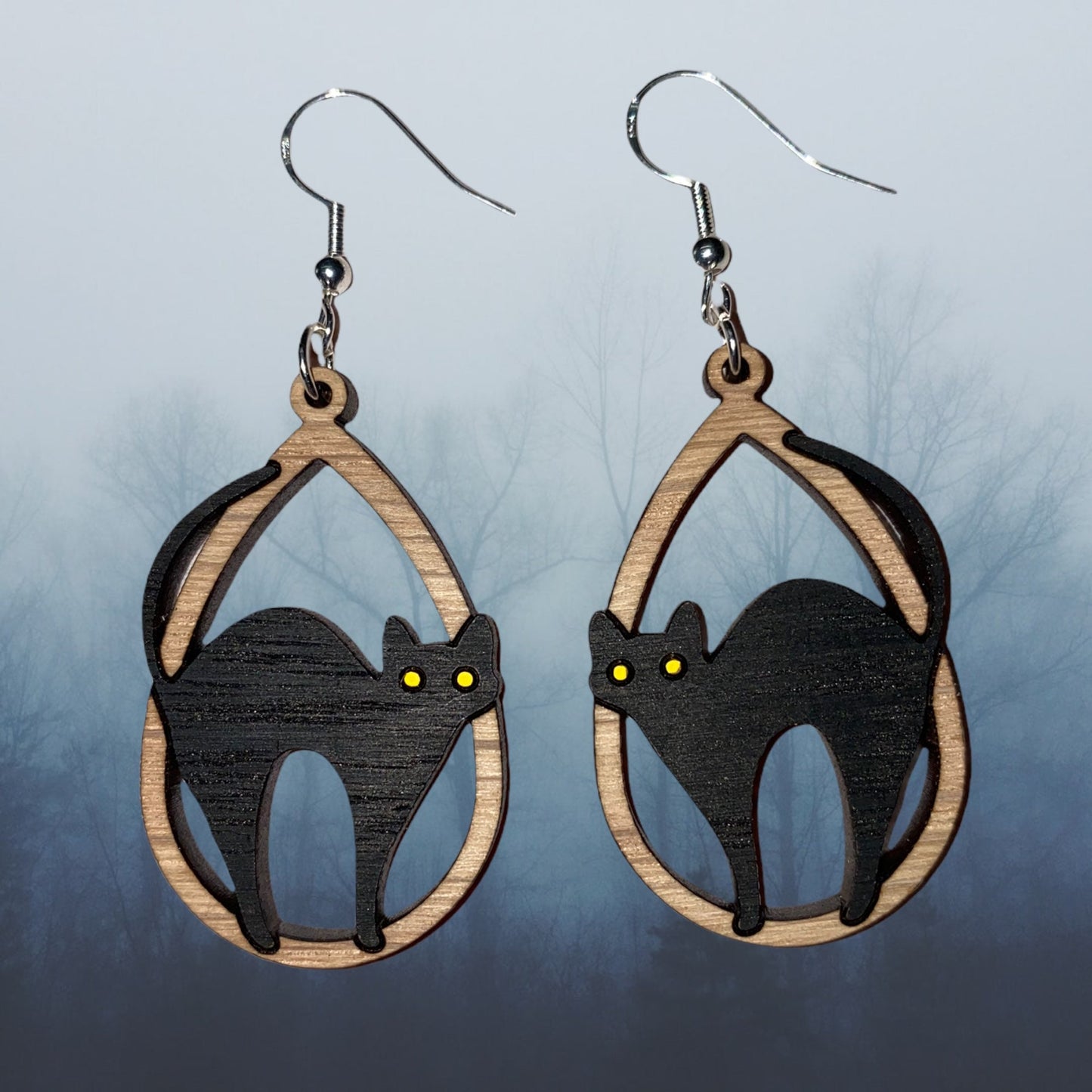 Wooden Black Cat Earrings - Handmade Halloween Dangle Earrings in Various Materials & Colors | Fall Jewelry Gift Ideas for Cat Lovers