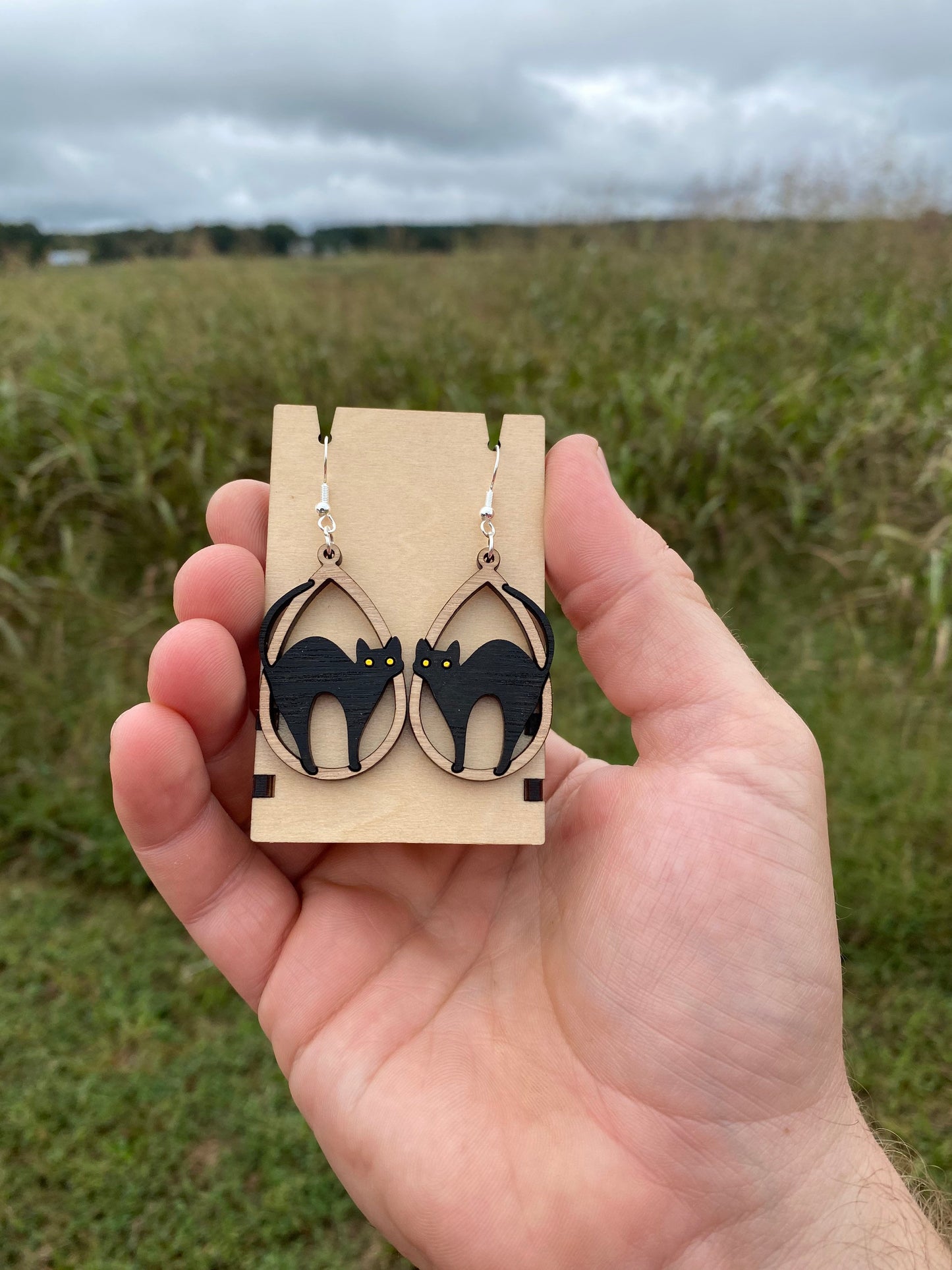 Wooden Black Cat Earrings - Handmade Halloween Dangle Earrings in Various Materials & Colors | Fall Jewelry Gift Ideas for Cat Lovers