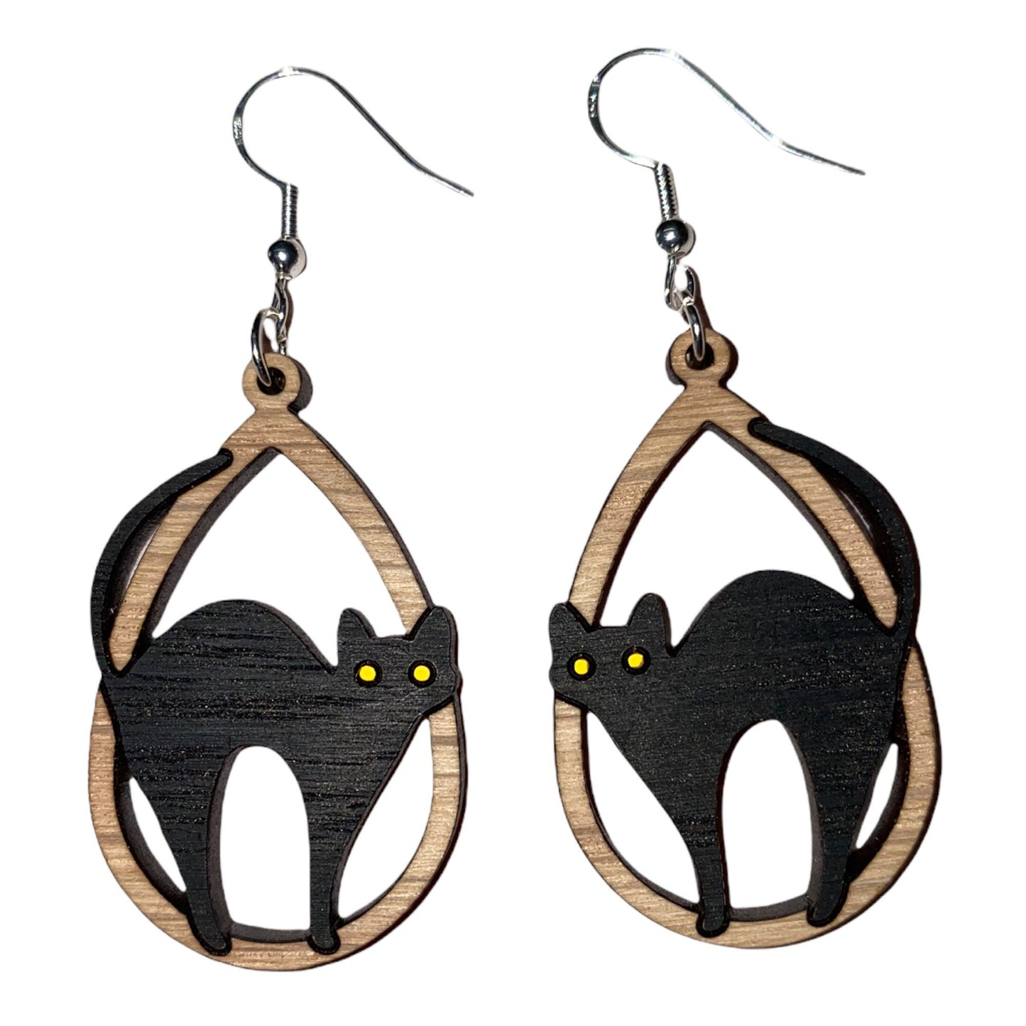 Wooden Black Cat Earrings - Handmade Halloween Dangle Earrings in Various Materials & Colors | Fall Jewelry Gift Ideas for Cat Lovers