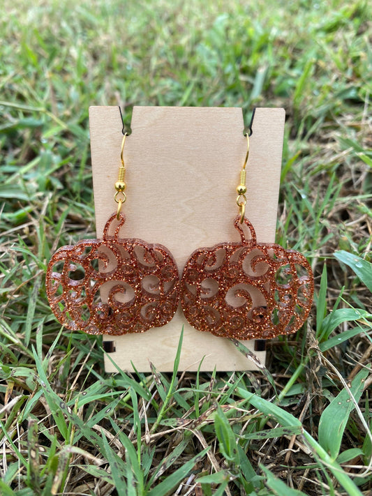 Sparkling Carved Pumpkin Statement Earrings - Handmade Hypoallergenic Eccentric Fall Accessories for Autumn Dinner | Girlfriend Gift Ideas