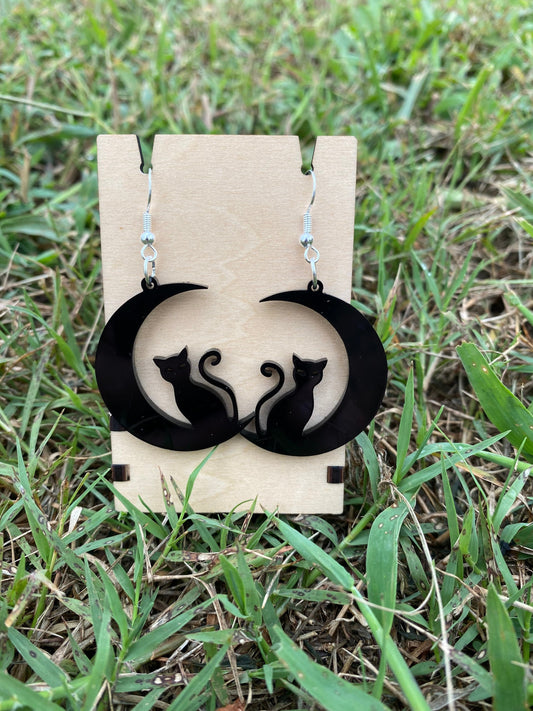 Spooky Black Cat Sitting on the Moon Earrings - Handmade Statement Earrings for Halloween from Laser Cut Premium Acrylic | Gift for Friends