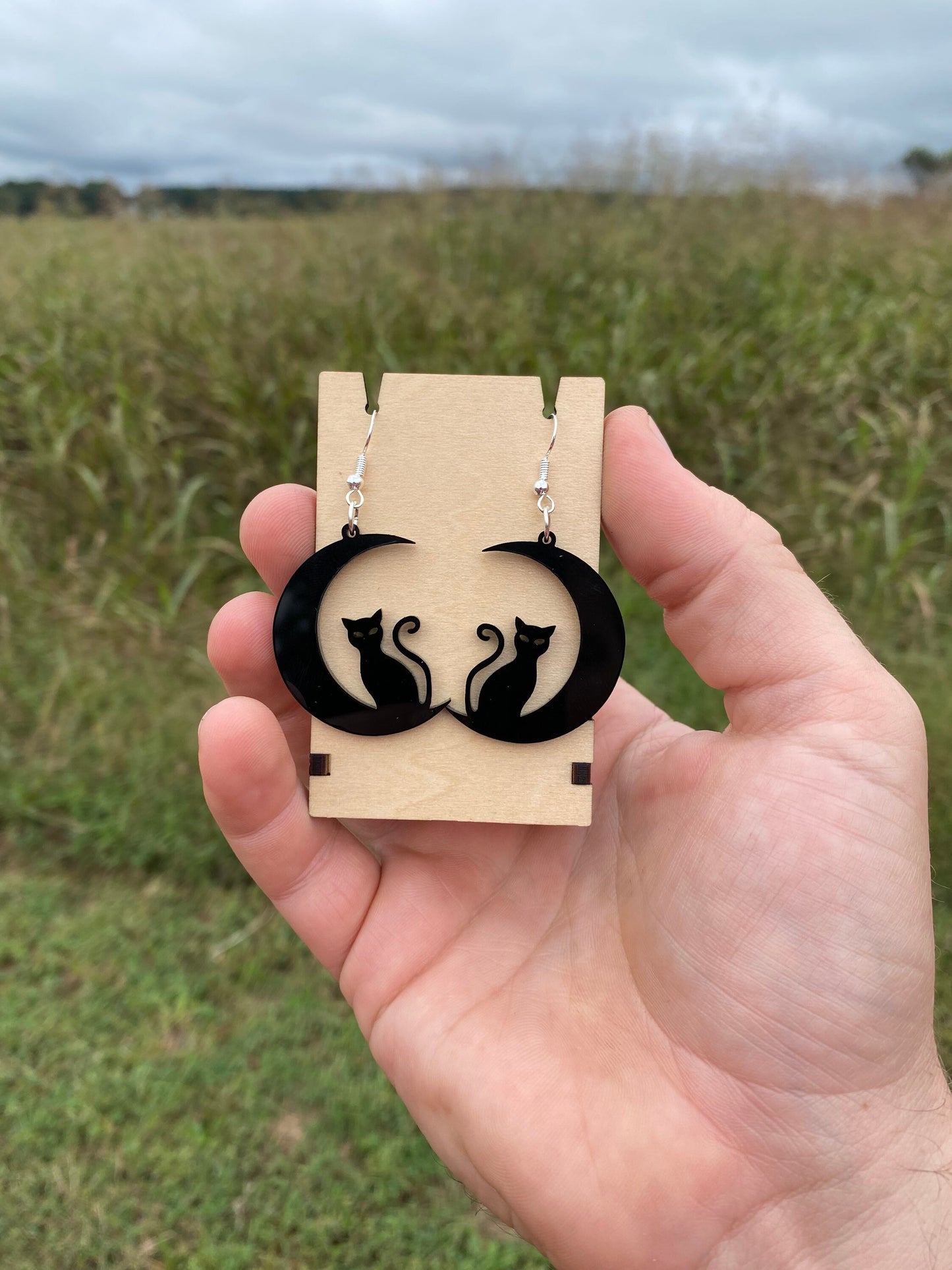 Spooky Black Cat Sitting on the Moon Earrings - Handmade Statement Earrings for Halloween from Laser Cut Premium Acrylic | Gift for Friends