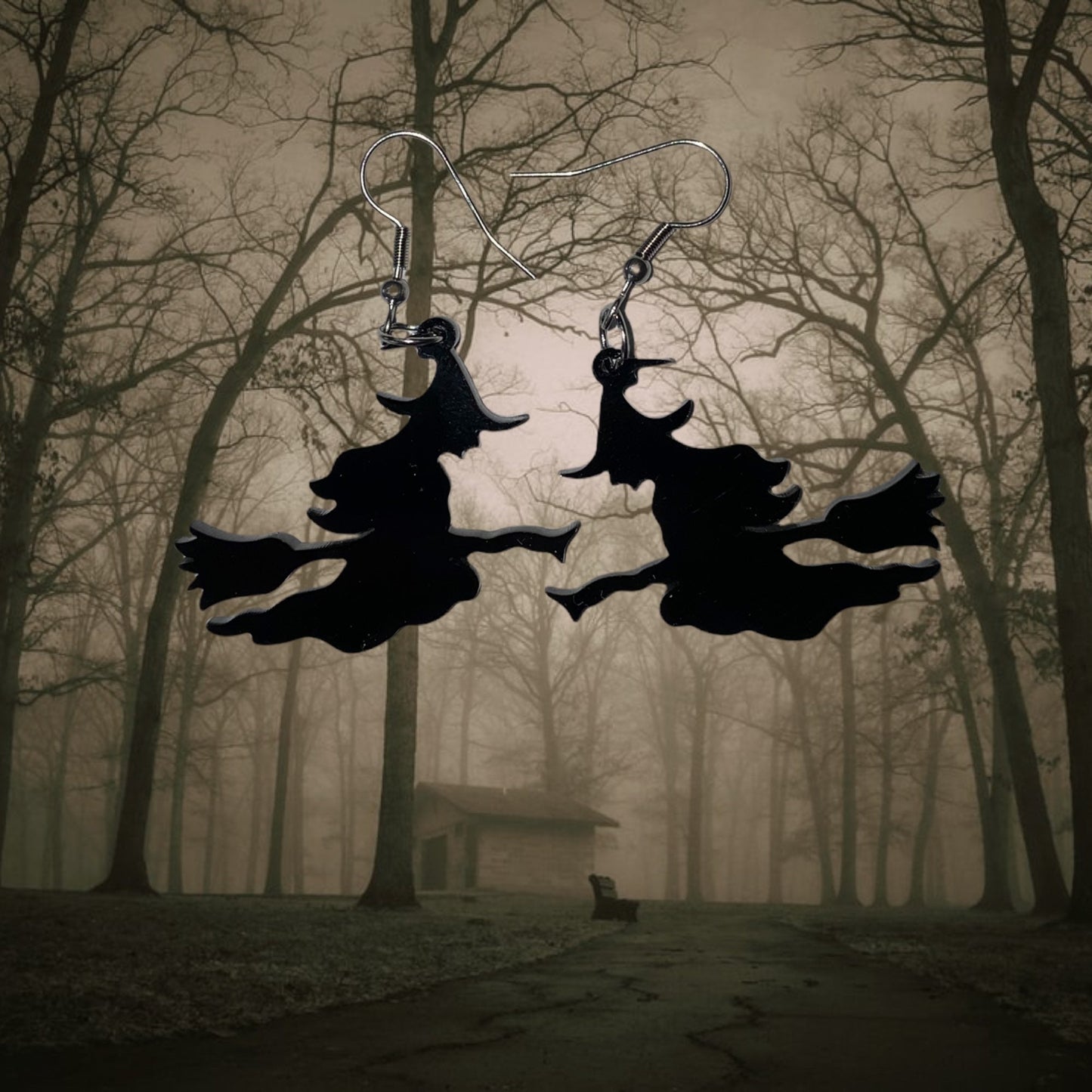 Spooky Witch on a Broomstick Dangle Earrings - Handmade Premium Acrylic Halloween Statement Earrings | Halloween Accessories for Dressing Up