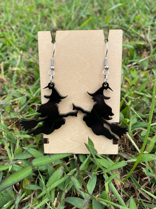 Spooky Witch on a Broomstick Dangle Earrings - Handmade Premium Acrylic Halloween Statement Earrings | Halloween Accessories for Dressing Up