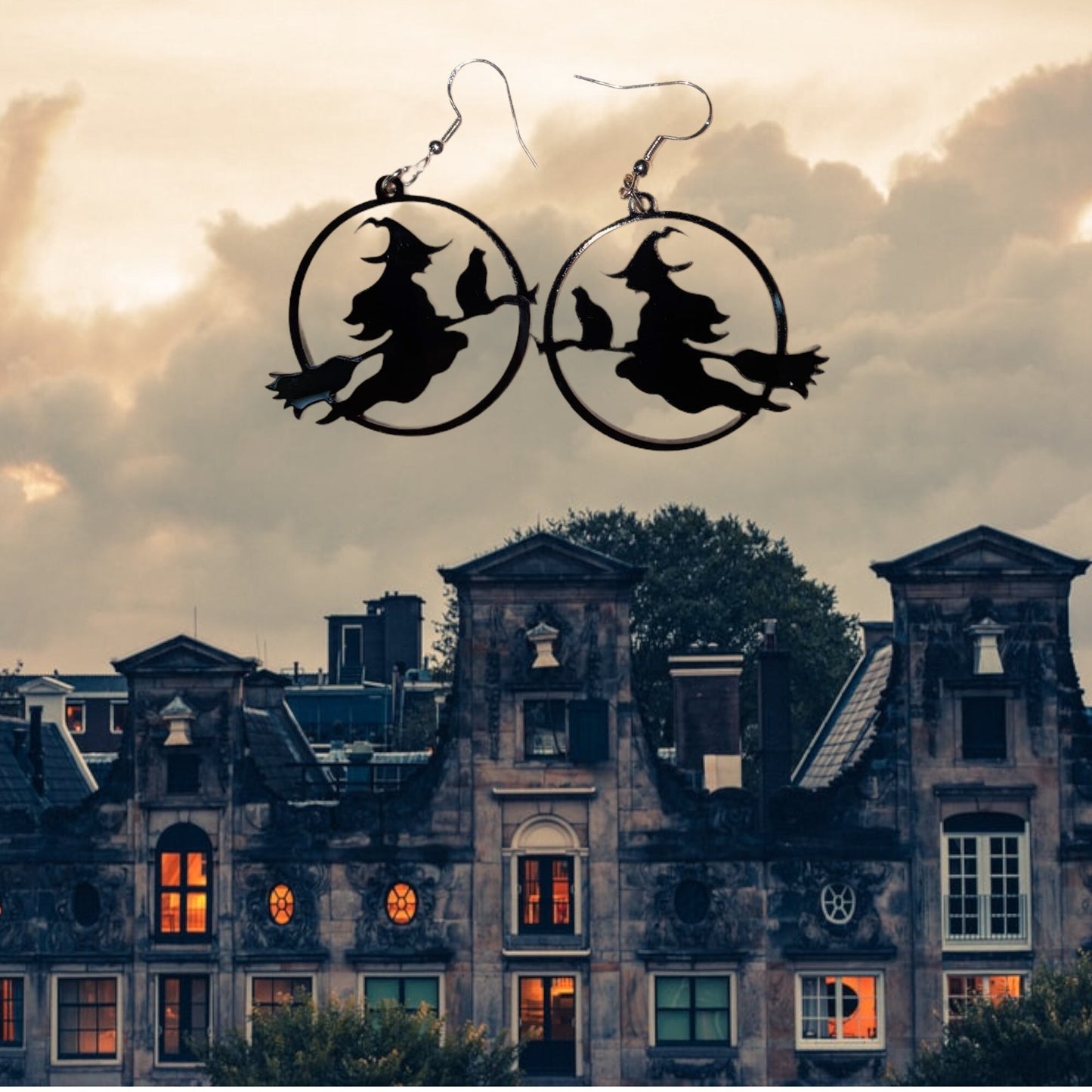 Spooky Witch on a Broomstick Dangle Earrings - Handmade Premium Acrylic Halloween Statement Earrings | Halloween Accessories for Dressing Up