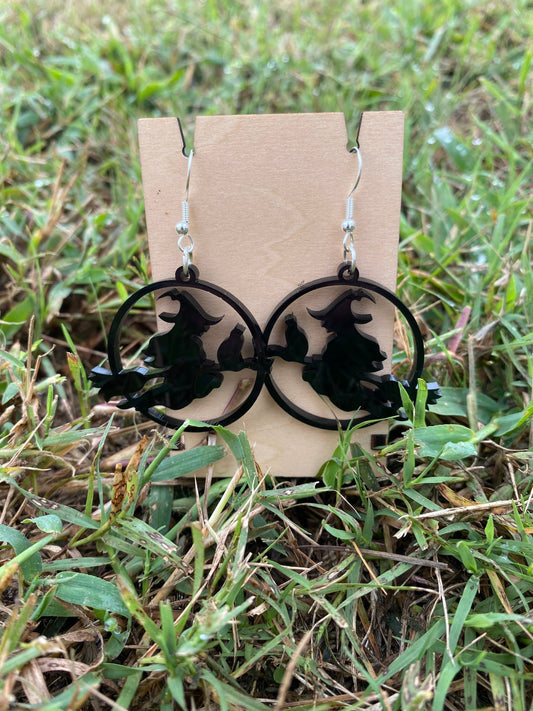 Spooky Witch on a Broomstick Dangle Earrings - Handmade Premium Acrylic Halloween Statement Earrings | Halloween Accessories for Dressing Up
