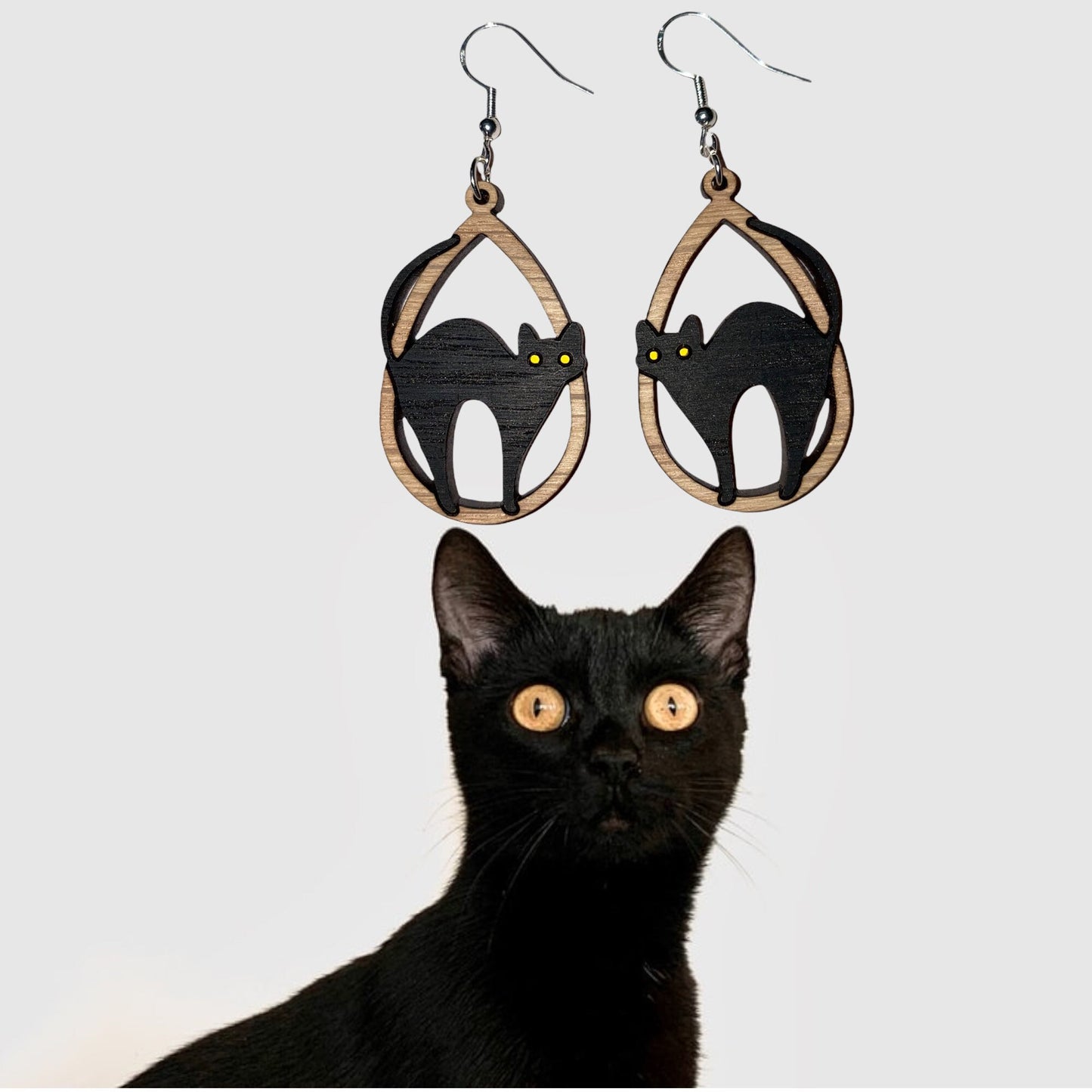 Wooden Black Cat Earrings - Handmade Halloween Dangle Earrings in Various Materials & Colors | Fall Jewelry Gift Ideas for Cat Lovers