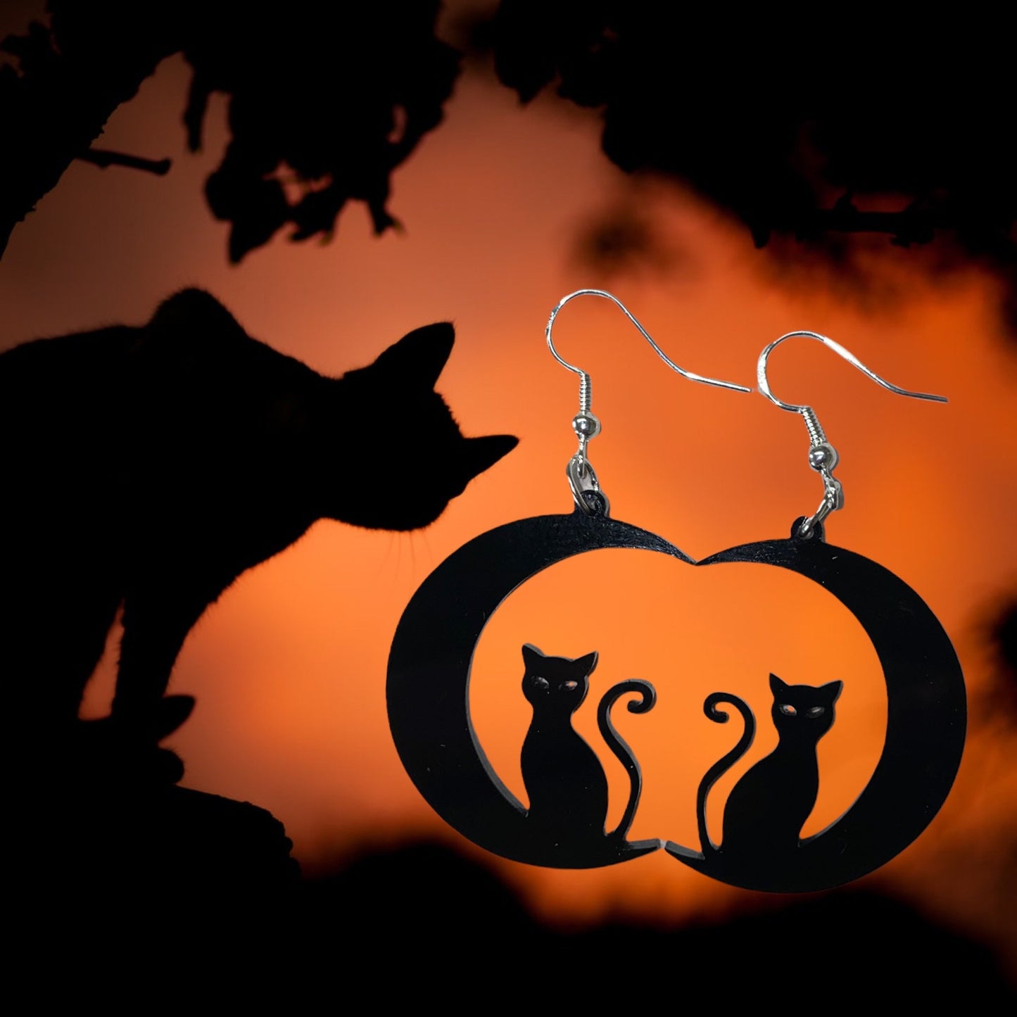 Spooky Black Cat Sitting on the Moon Earrings - Handmade Statement Earrings for Halloween from Laser Cut Premium Acrylic | Gift for Friends